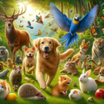 Photorealistic image with many different kinds of pets and wildlife. The pets are happy and in the foreground.