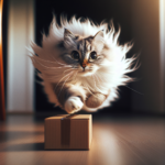 Floofy white cat with the late-night ‘zoomies’ jumping over a box, floof billowing in the wind