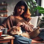 Photo of a woman relaxing with her cat