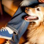 Photograph of a dog resting on a person’s feet