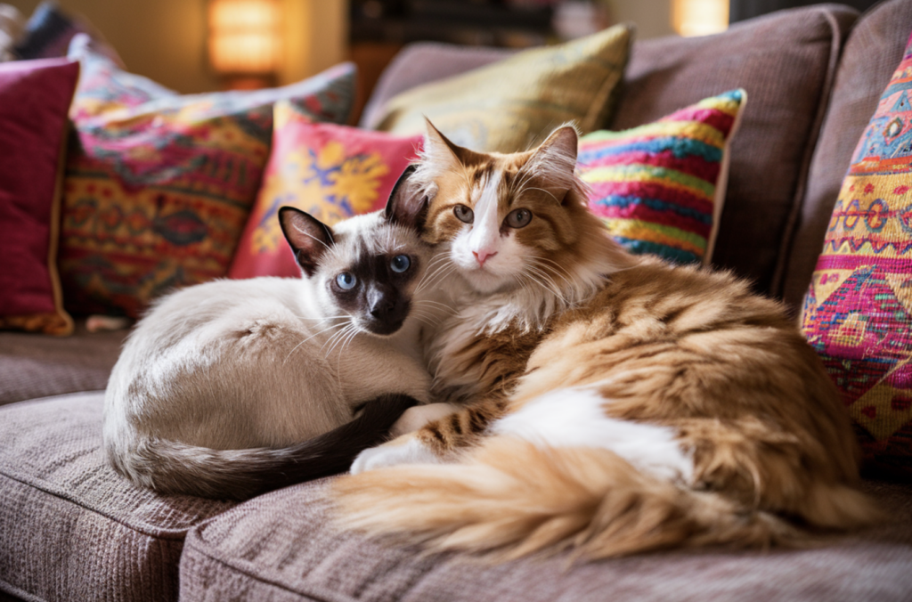 A heartwarming, wide-angle candid photo captures the tender moment between a fluffy Maine Coon mix cat with orange and white furand a graceful Siamese mix with striking blue eyes and a sleek coat. The fluffy cat cuddles closely with the Siamese mix on a plush couch. The cozy living room is illuminated with warm lighting, and vibrant colorful pillows fill the space, creating an atmosphere of love and companionship between these two kitties.