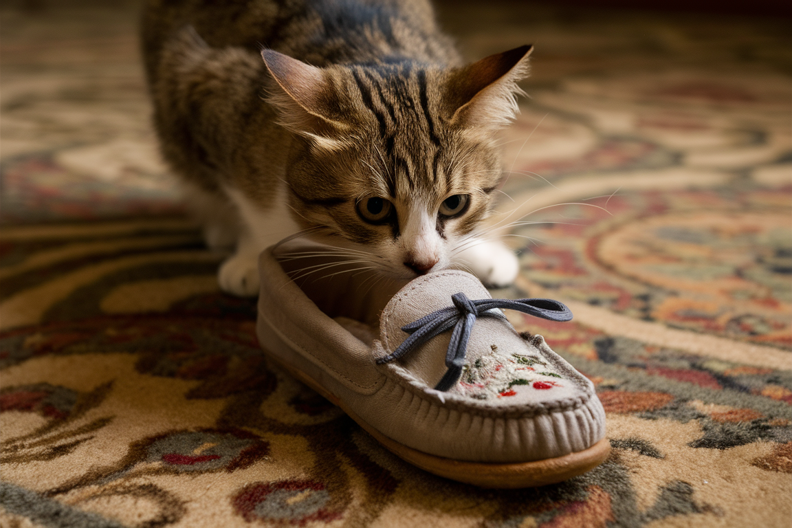 A charming photograph of a curious cat cautiously crawling into a tiny, well-worn slipper. The cat's eyes are wide with interest, and its fur is a mix of soft browns and whites. The slipper, left carelessly on the floor, is adorned with delicate embroidery and sits atop a plush, patterned carpet. The overall atmosphere of the image exudes warmth and coziness, capturing the essence of home and comfort.