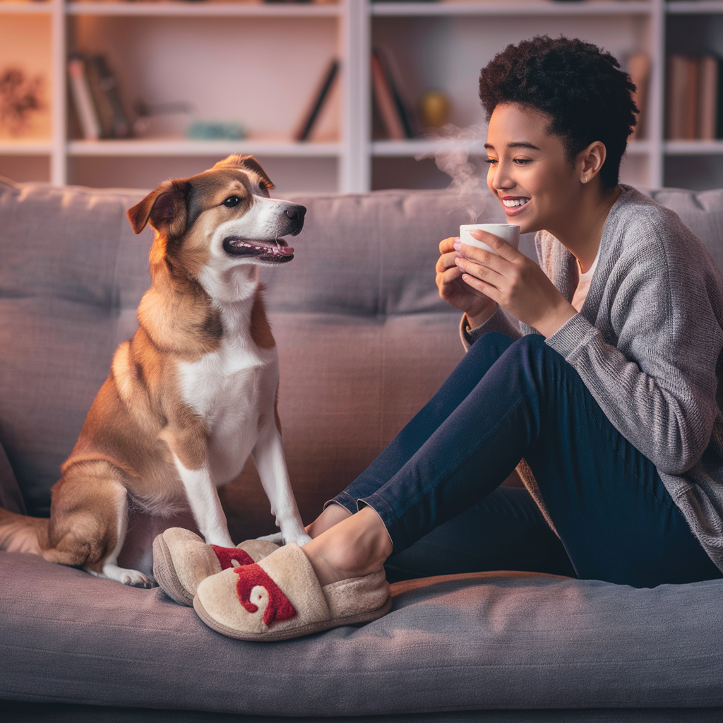 A heartwarming photograph captures a cozy living room scene where a happy dog sits on a person's feet, tail wagging affectionately. The person, wearing adorable slippers, smiles warmly while sipping from a steaming cup of coffee. The background features a plush sofa and a bookshelf adorned with books and charming trinkets. The soft, warm lighting envelops the space, creating a sense of comfort and serenity in this beloved pet-owner bonding moment.