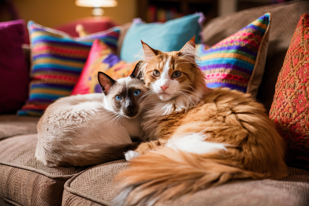 A heartwarming, wide-angle candid photo of a fluffy Maine Coon mix Domestic Longhair cat with orange and white fur and a graceful Siamese mix with s triking blue eyes and a sleek coat. The DLH, sporting a unique charm due to its missing top left ear, cuddles closely with the Siamese mix on a plush couch. The cozy living room is filled with warm lighting and vibrant colorful pillows, creating an atmosphere of love and companionship between the two feline friends