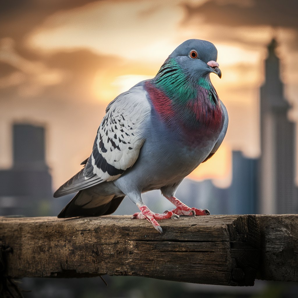 A stunning photograph capturing a rescue pigeon in the wild. The pigeon is perched on a rustic wooden beam, showcasing its vibrant and diverse plumage. Its eyes are filled with determination, reflecting its resilience in the face of adversity. The background features a city skyline, with towering buildings and a golden sunset casting a warm glow over the scene. The overall atmosphere evokes a sense of hope and survival in the urban jungle.