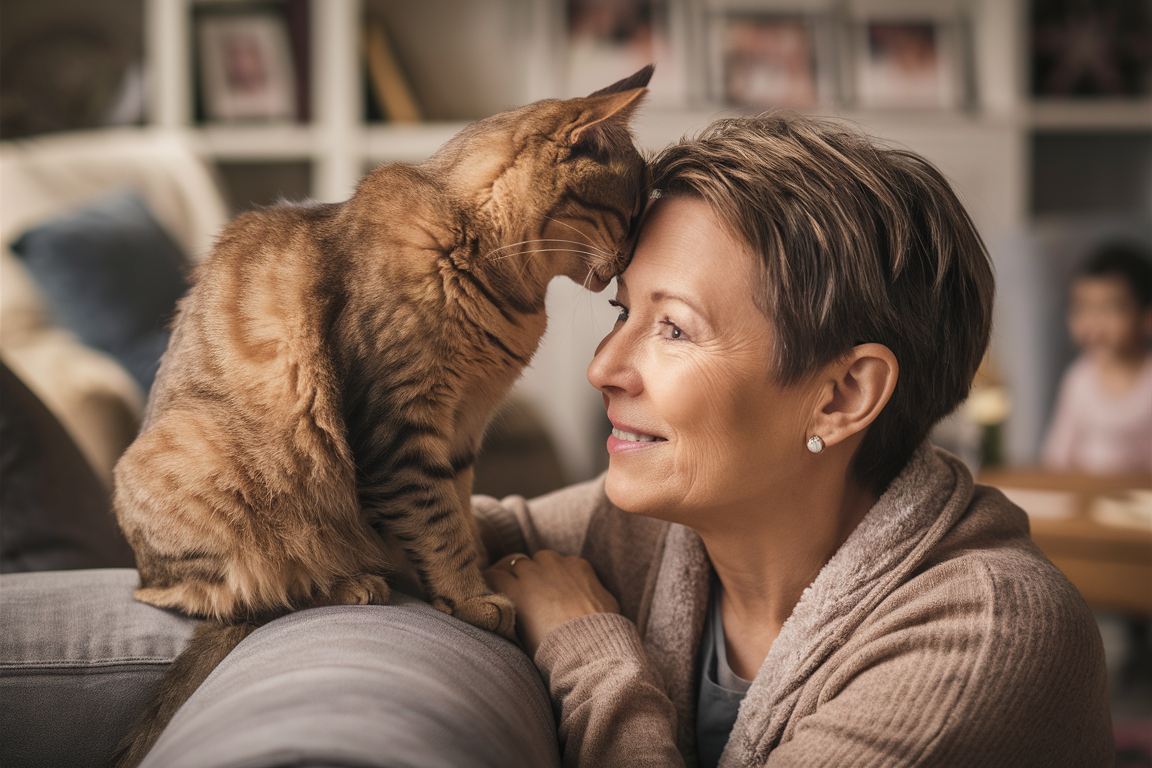 A warm and affectionate moment captured in a photograph, where a playful cat is head-butting its owner's head. The cat has a soft, brown fur and is looking at the owner with loving eyes. The owner is a middle-aged woman with short hair, wearing a cozy sweater and a gentle smile. The background is a cozy living room, adorned with comfortable furniture and family photos, creating a sense of home and companionship.