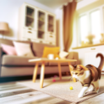 Blurred motion shot of DSH tabby on a rug, with a ball, bokeh