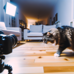 Photograph of a domestic medium-hair cat in a living room with luxury wood flooring
