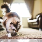 A curious fluffy cat examining a beige rug